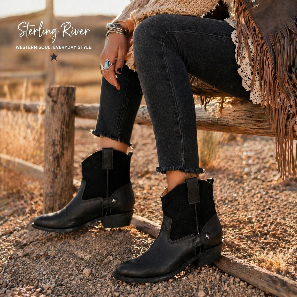 Sterling River Ankle Boots‎ Womens 6M Black Leather Suede Western Low Heel